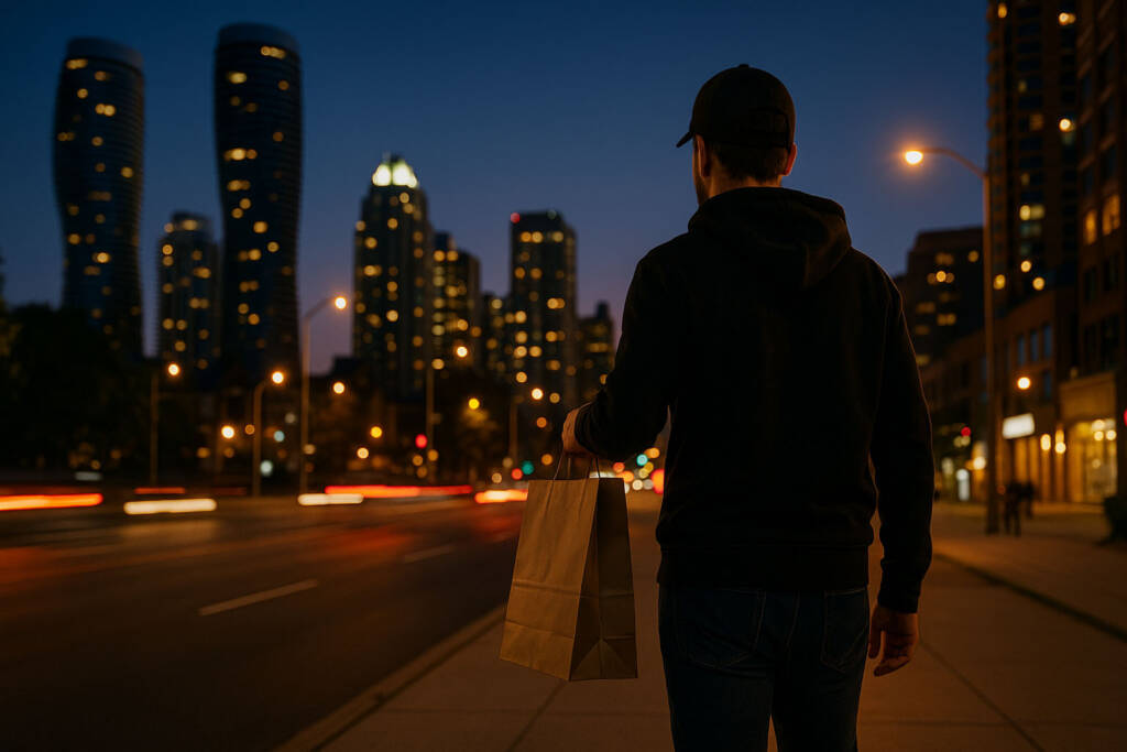 Courier delivering cannabis in Mississauga at dusk with city skyline lights