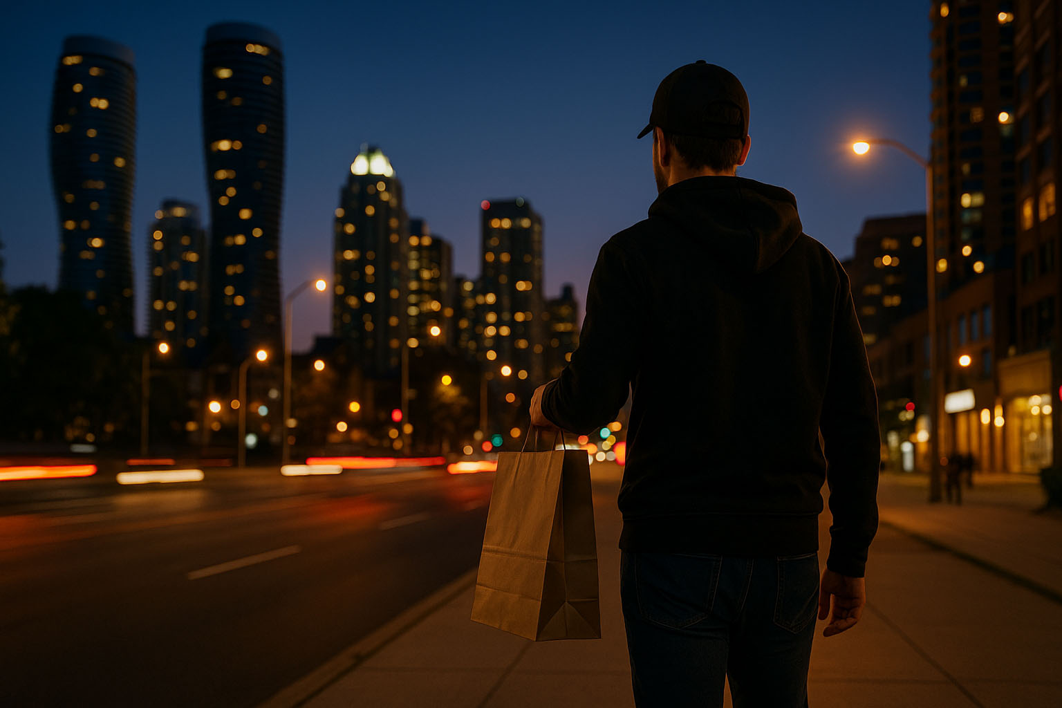 Courier delivering cannabis in Mississauga at dusk with city skyline lights
