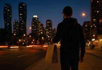 Courier delivering cannabis in Mississauga at dusk with city skyline lights